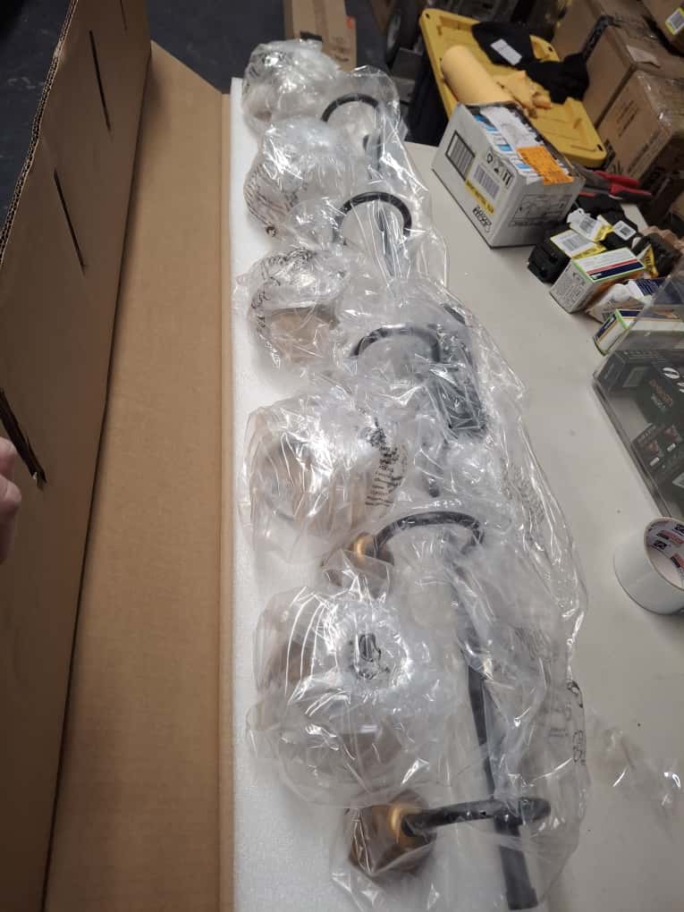 OPEN BOX NEW LNC Modern 35.5 in. 5-Light Aged Brass Vanity Light with Black Linear Frame and Clear Glass Globes