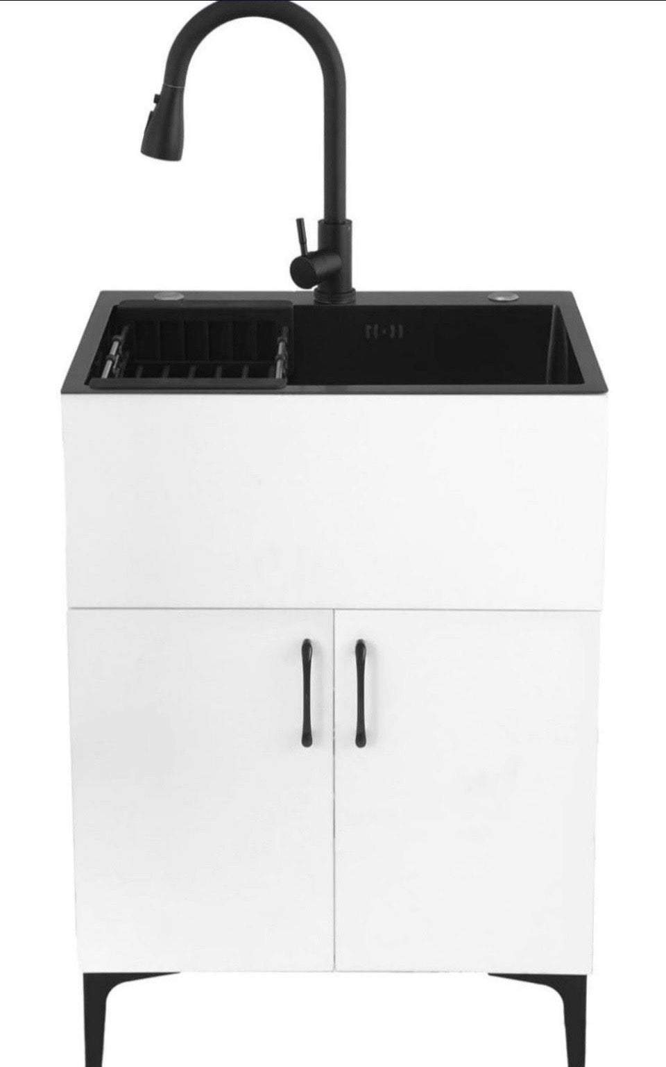 Open Box New Ownsig 23.6 inch Stainless Steel Laundry Sink with Cabinet and Pull-Out Faucet, Free Standing Utility Sink with Draining Basket