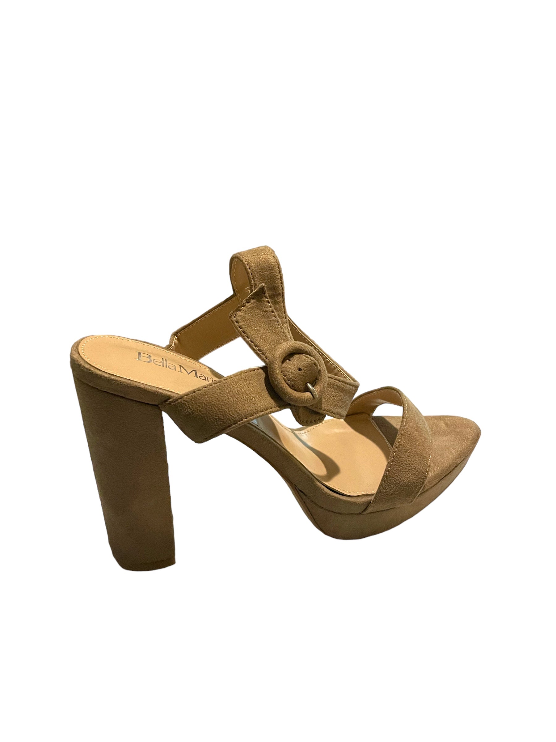 Taupe suede strappy block heel pump for women by Bella Marie.