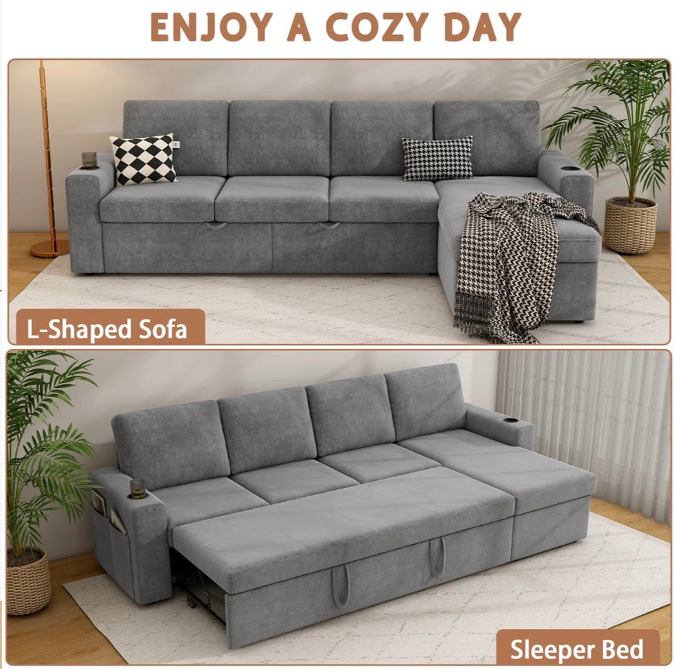 PRE-ASSEMBLED LATITUDE RUN Hatuner 100.5'' Upholstered Sleeper Sofa, L-Shaped Sofa Bed with Storage Chaise