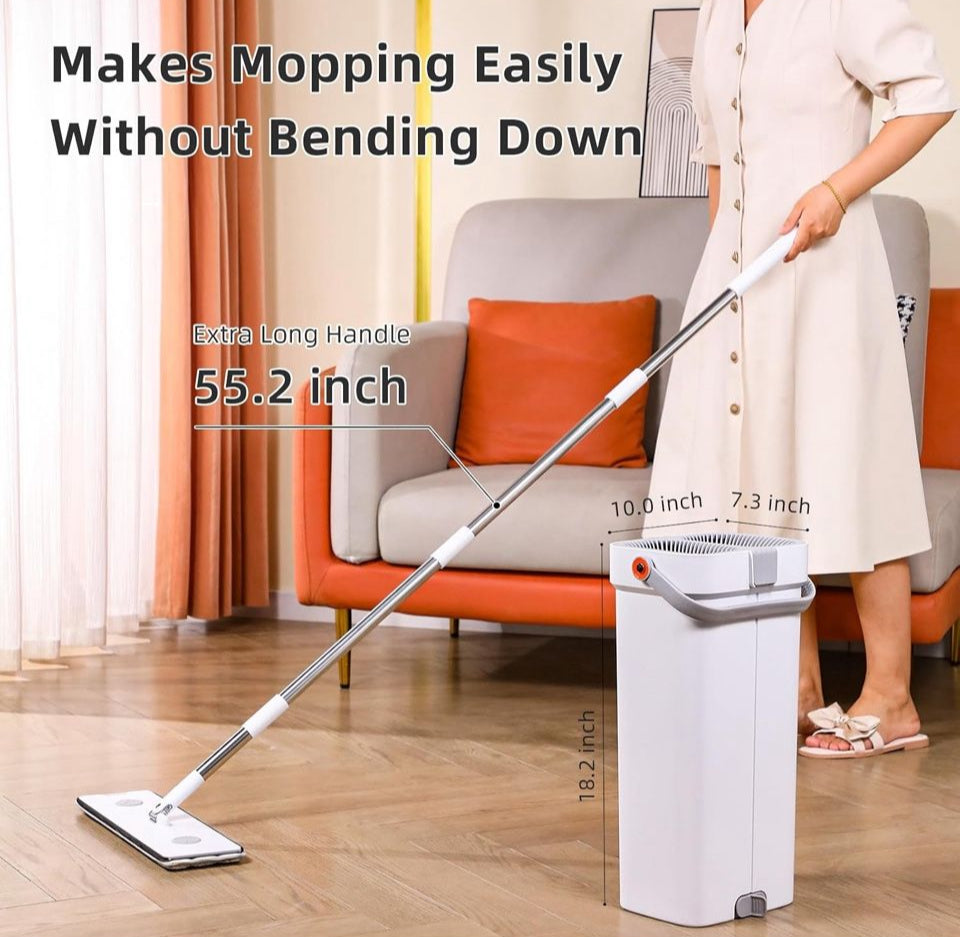 "funest Mop and Bucket with Wringer Set for Home, 16"" Large Flat Mop and Bucket System for Floor Cleaning and Wall Cleaner, Wet Dry Mop for Window Cleaner with 4 Washable Microfiber Pads"
