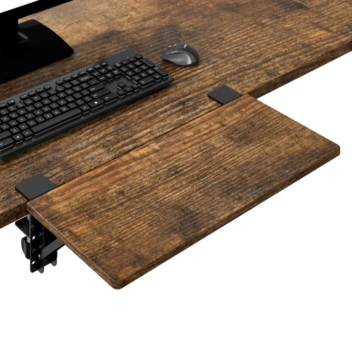 BONTEC desk extender tray, ergonomic foldable keyboard platform with clamp, mounted on wood desk.