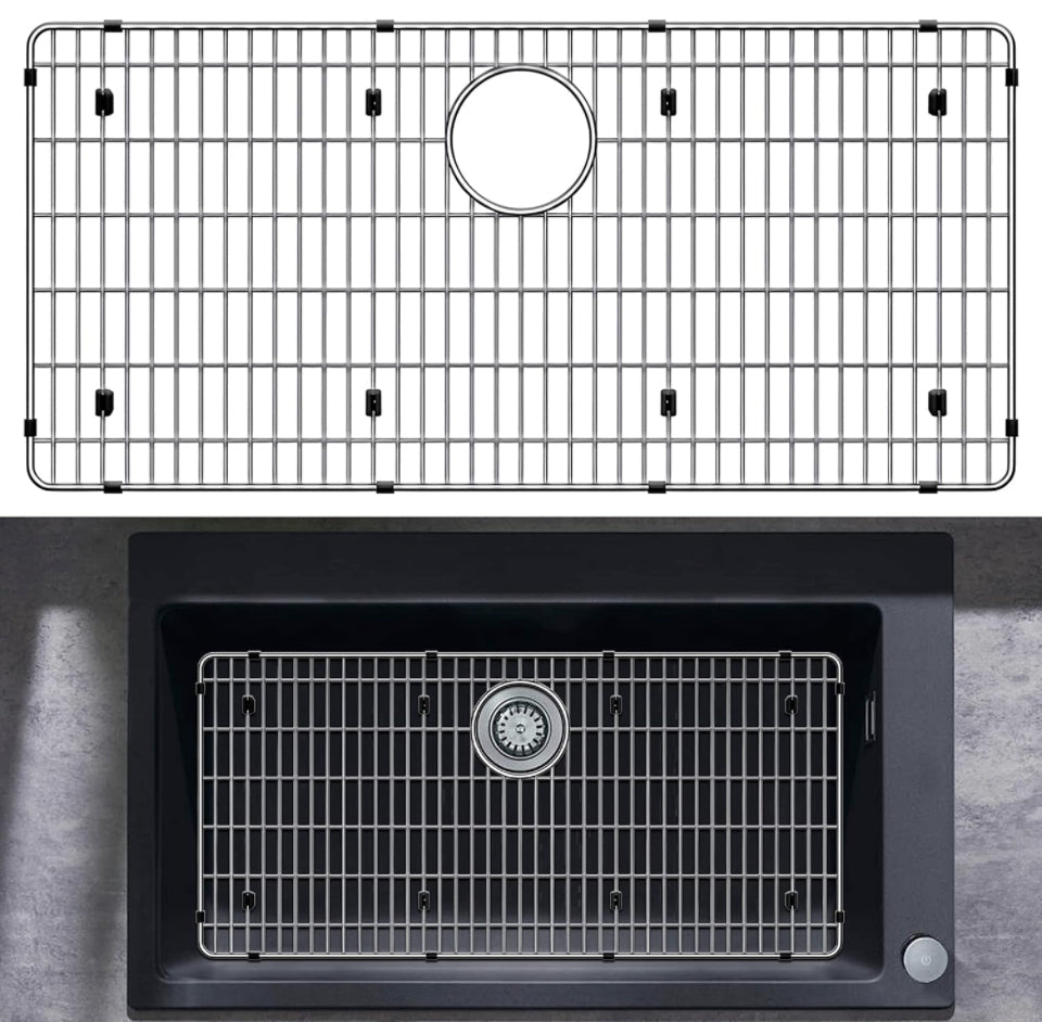 Granatan sink protector in stainless steel for kitchen sinks, top view and installed.