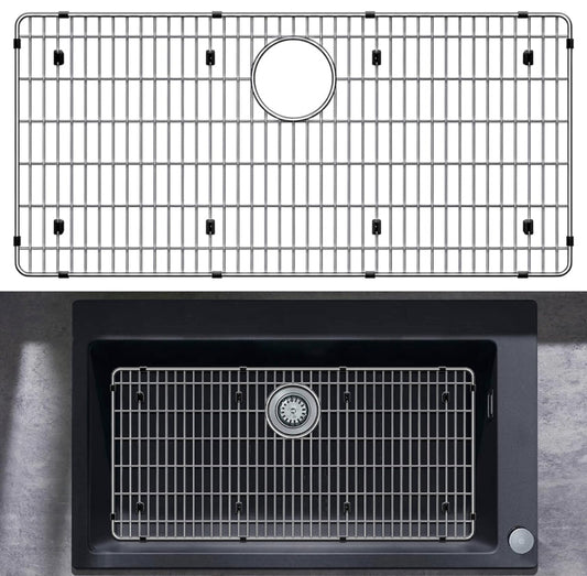 Granatan 27-1/2" x 13-1/2" x 1-1/4" stainless steel sink protector grid with vinyl legs for kitchen sink bottom, corrosion-resistant and durable design with drain hole opening.