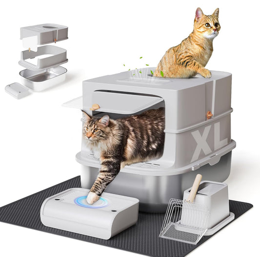 Open Box JALOVE Stainless Steel Litter Box with Lid, XL Extra Large Enclosed Metal Cat Litter Boxes for All Cats,Top Entry Kitty Litter Box with Scoop