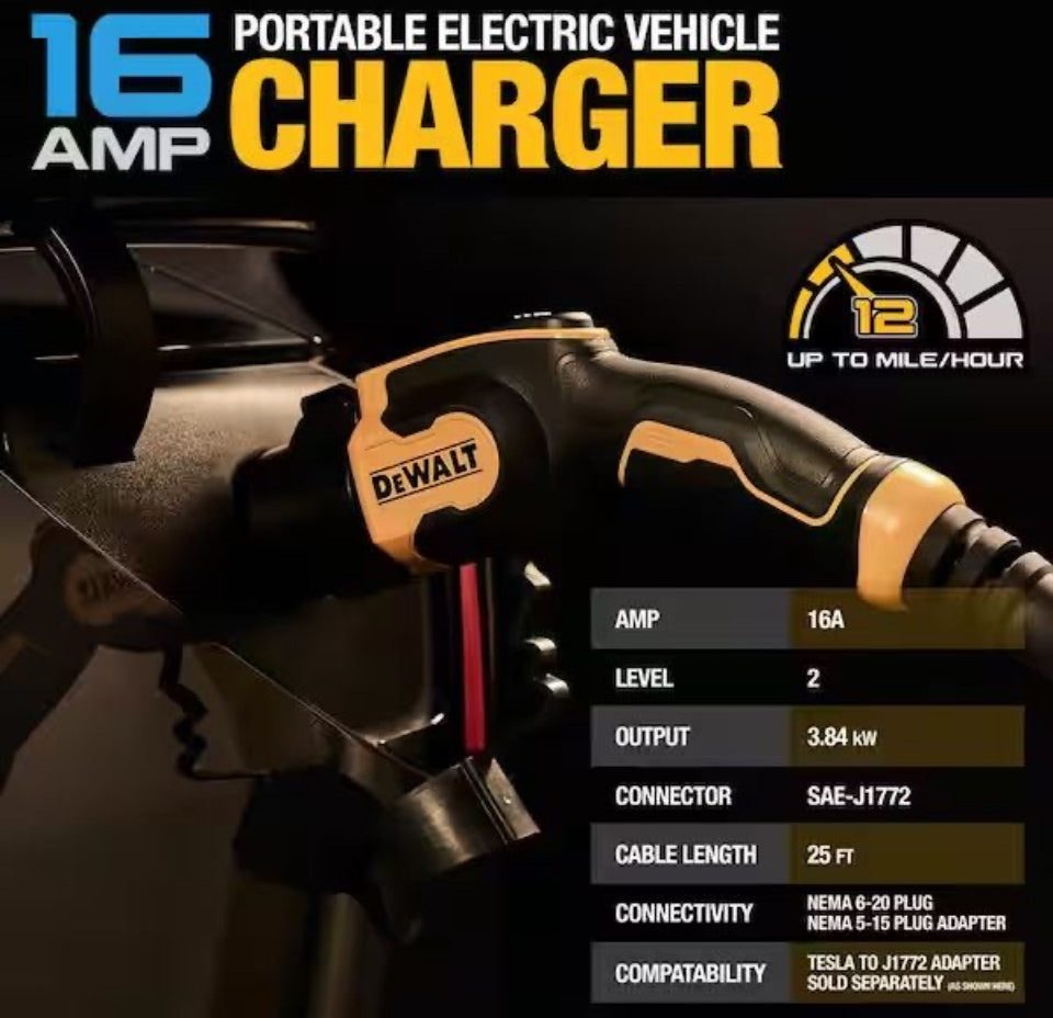 Open Box New DEWALT Level-2 Portable Electric Vehicle EV Charger up to 16 Amps, 120-240-