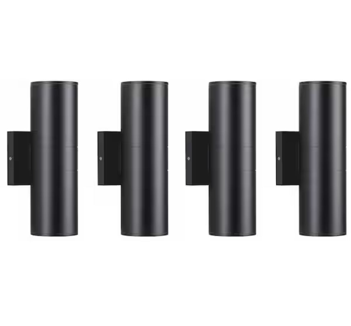 Aluminum 12-Watt integrated LED black cylinder wall sconce, indoor/outdoor use, waterproof, 2700K, 4-pack.