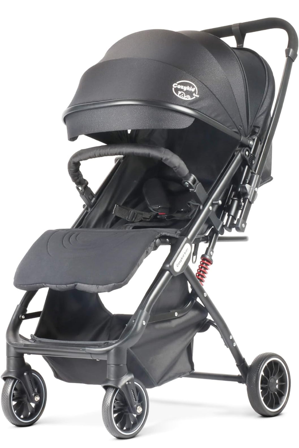 Lightweight baby stroller with sunshade, snack tray, and footmuff for comfortable travel.