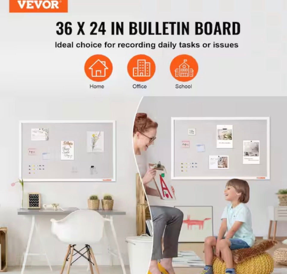 NEW VEVOR 36 in. L x 24 in. W White Cork Board with Linen Surface - Stylish Wall-Mounted Bulletin Board for Home, School, Office