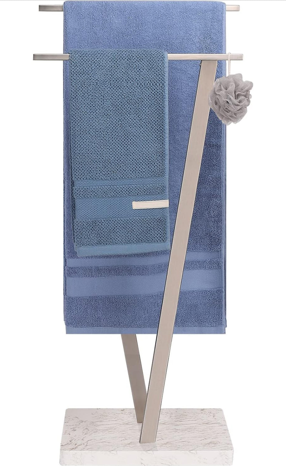 Winmien Freestanding Towel Rack with Marble Base and Stainless Steel Bars in Brushed Nickel Finish.