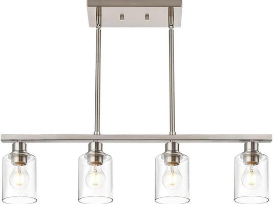 VINLUZ 4 Light kitchen island hanging light fixture with clear glass shade and brushed nickel finish.