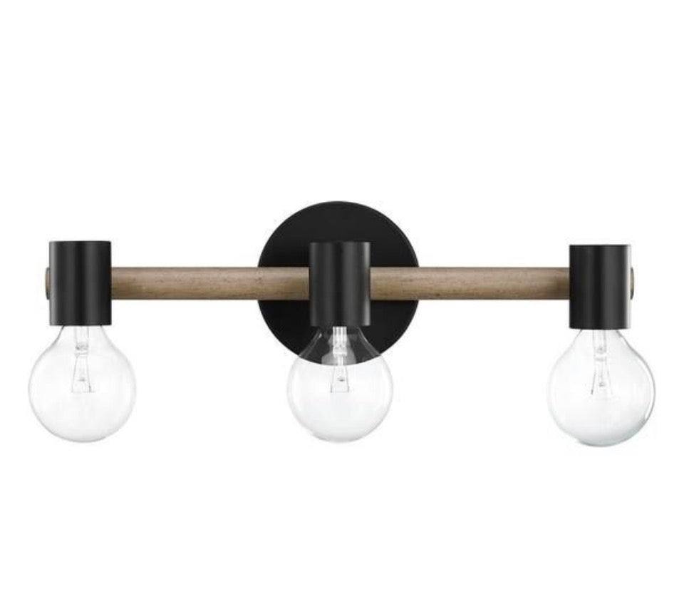 Open Box New Nathan James Henry 17 in. 3-Light Black Bathroom Vanity Light Wood and Metal NEW