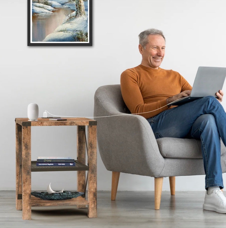 17 stories Eidelweiss Tall End Table Nightstand with 2 USB Ports, 2 Power Outlets, and 2 Storage Shelves