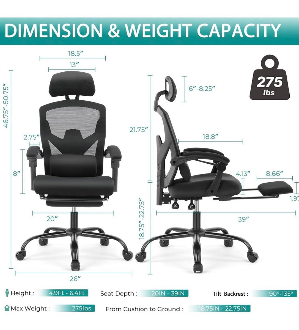 Open box GlasFlength Mesh Ergonomic Office Chair with Foot Rest, Big and Tall Comty Computer Desk Chair with Adjustable Headrest Backrest, Swivel Exec