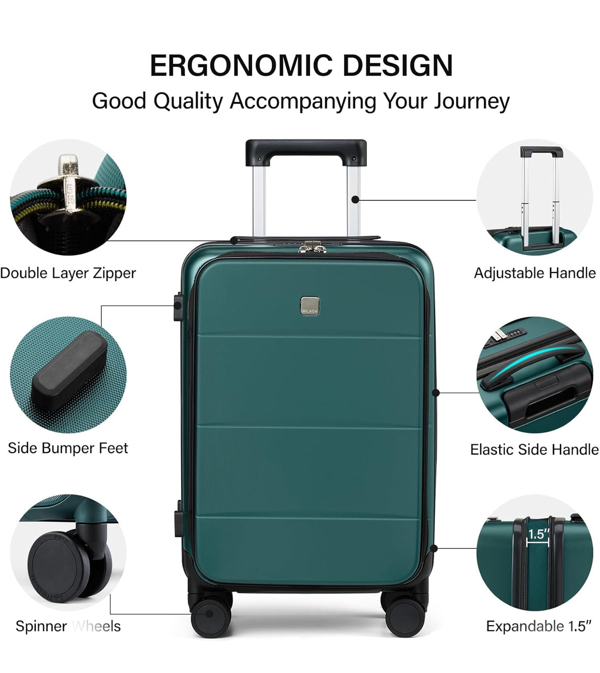 MILADA Expandable Carry On Luggage 22x14x9 Airline Approved Top Opening Hard Shell Suitcases TSA Carry On Luggage With Wheels 20 inch Carry On Suitcase Travel Luggage Carry On Bag, Blackish Green