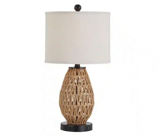 Adone 23 in. H brown touch control rattan table lamp with natural linen beige shade and dual USB ports