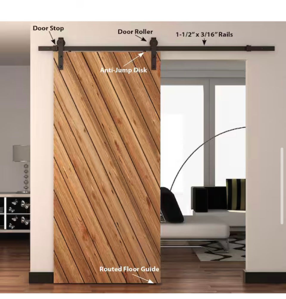 AMERICAN PRO DESIGN  78 in. Black Solid Steel Sliding Rolling Barn Door Hardware Kit for SingleWood Doors with Routed Floor Guide