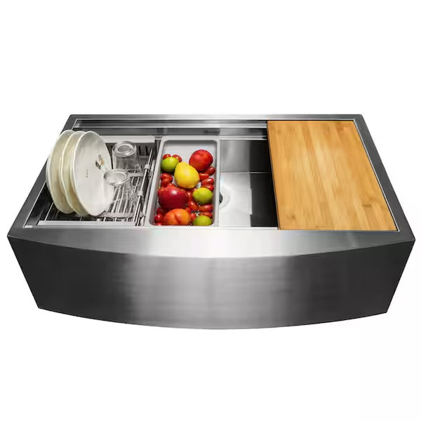 Open Box AKDY Handmade Farmhouse Apron Front 33 in. x 22 in. Single Bowl Stainless Steel Workstation Kitchen Sink with Accessories