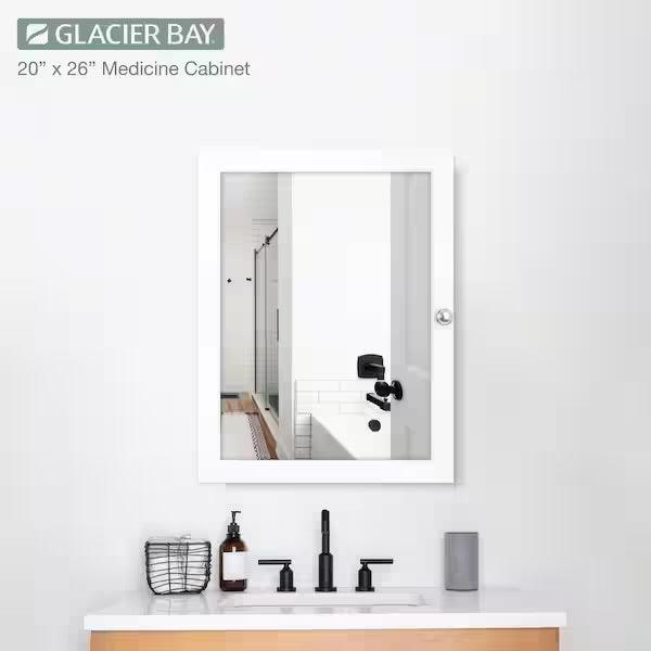Open Box Glacier Bay 20 in. W x 26 in. HRectangular Framed Recessed or Surface-Mount Bathroom Medicine Cabinet with Mirror, White