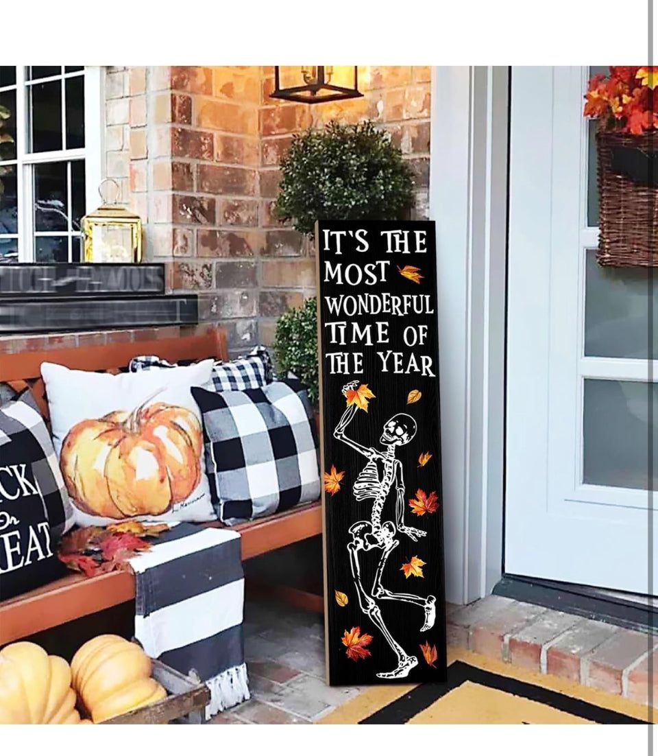 Open Box New "WUAHON Halloween Porch Sign - Decorative Skull Decor Hanging Wooden Welcome Sign for Fall Maple leaf Skull Standing Hanging Home Front D