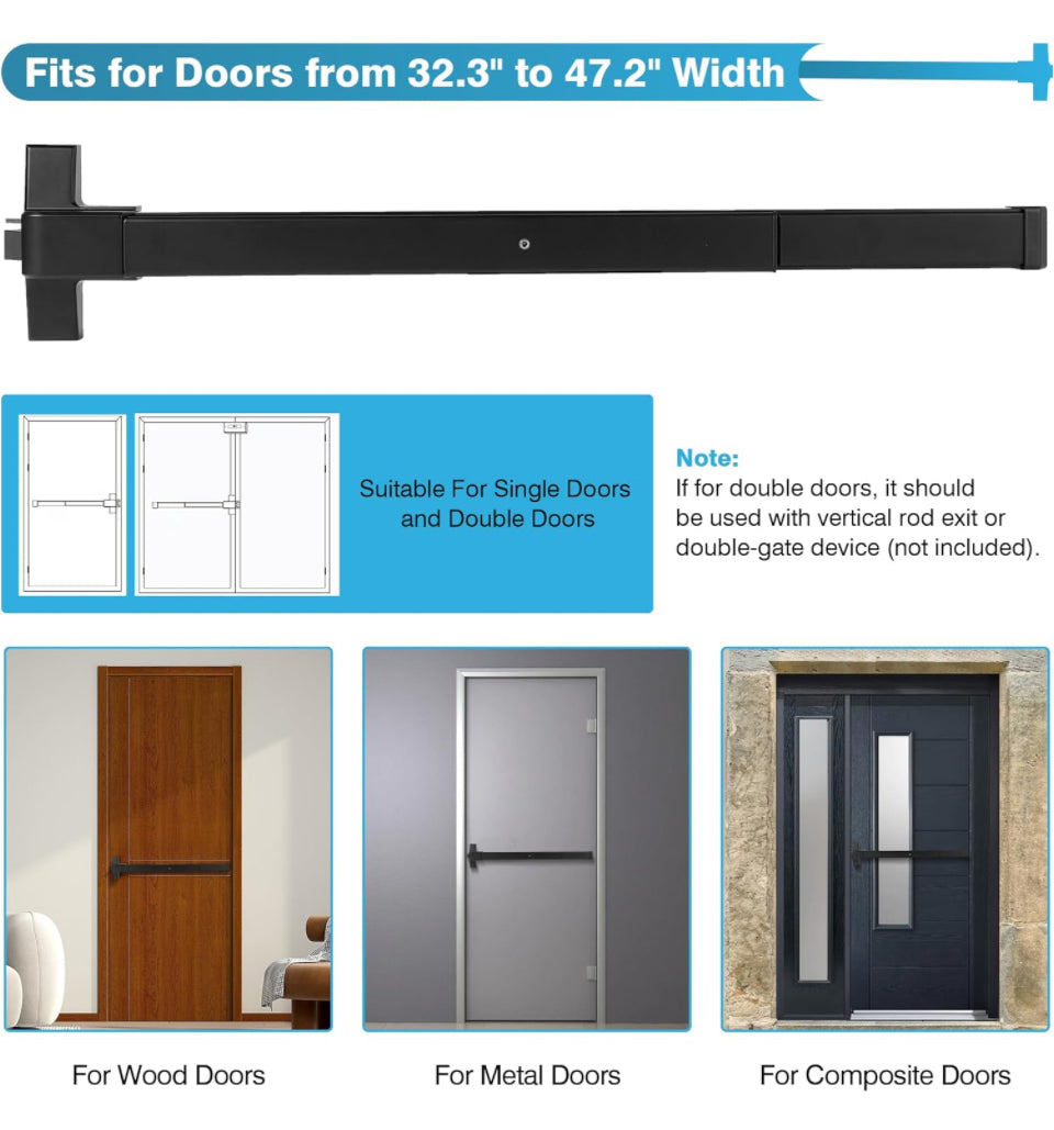 IRONWALLS Door Push Bar Panic Exit Device Aluminum with Handle Lever, Black 32" Commercial Push Panic Bars for Emergency Exit Doors, Heavy Duty Panic - Selzalot