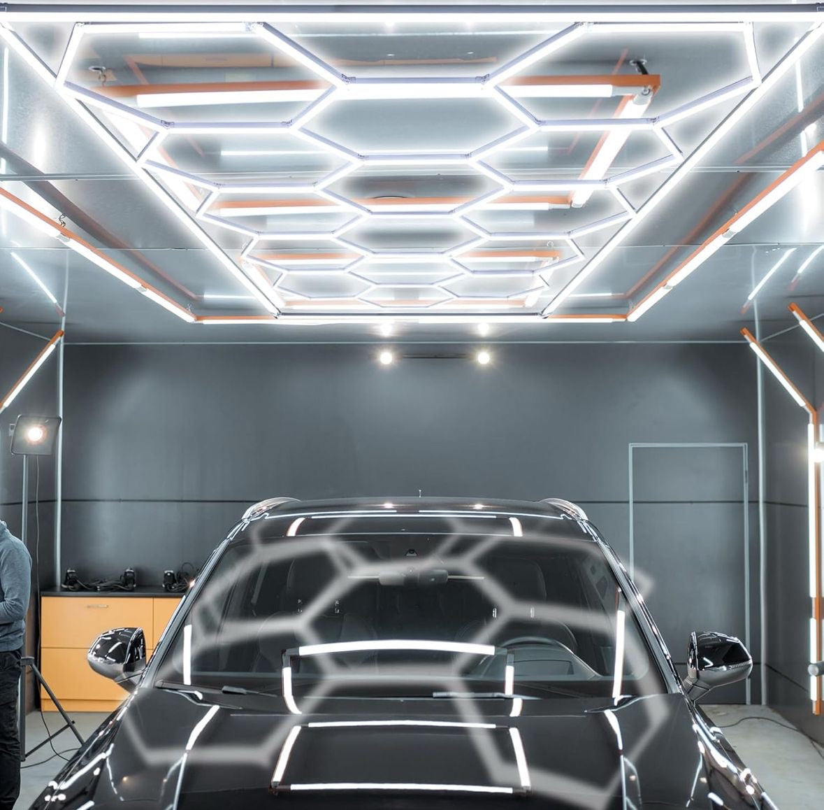 Open Box Baquler 15 Hexagon LED Garage Light System Honeycomb LED Shop Lights with White Border for Garage Workshop Car Detailing Shop Exhibition Hall