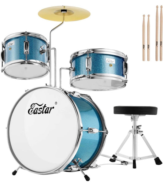 Kids Drum Set Eastar 3-piece with adjustable throne, cymbal, pedal, and drumsticks for beginners.