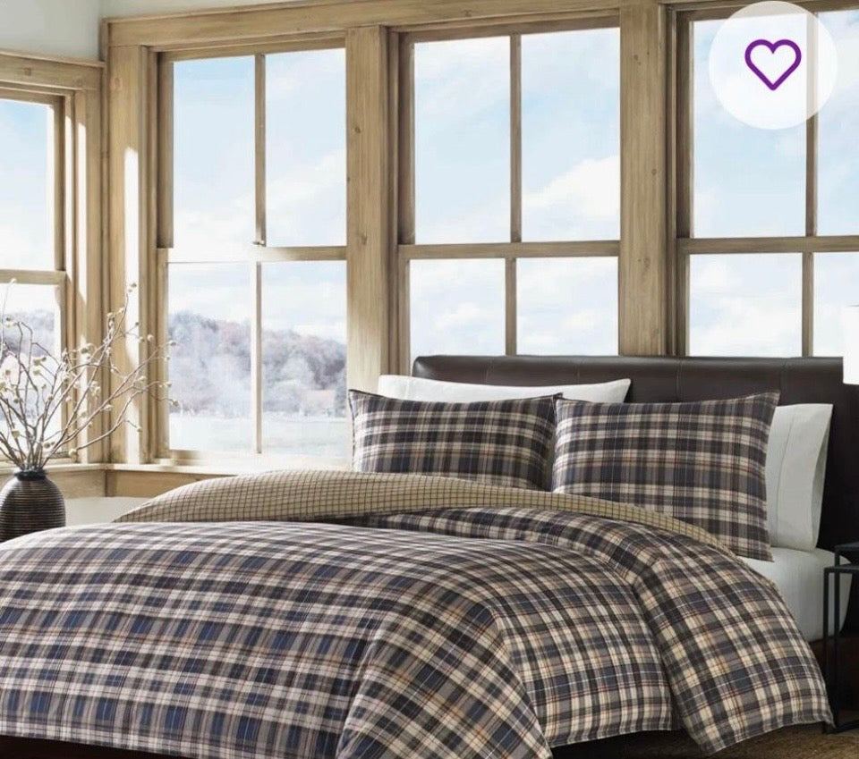 Eddie Bauer Port Gamble Indigo Cotton Twin Duvet Cover Set with tartan plaid design and reversible neutral check pattern