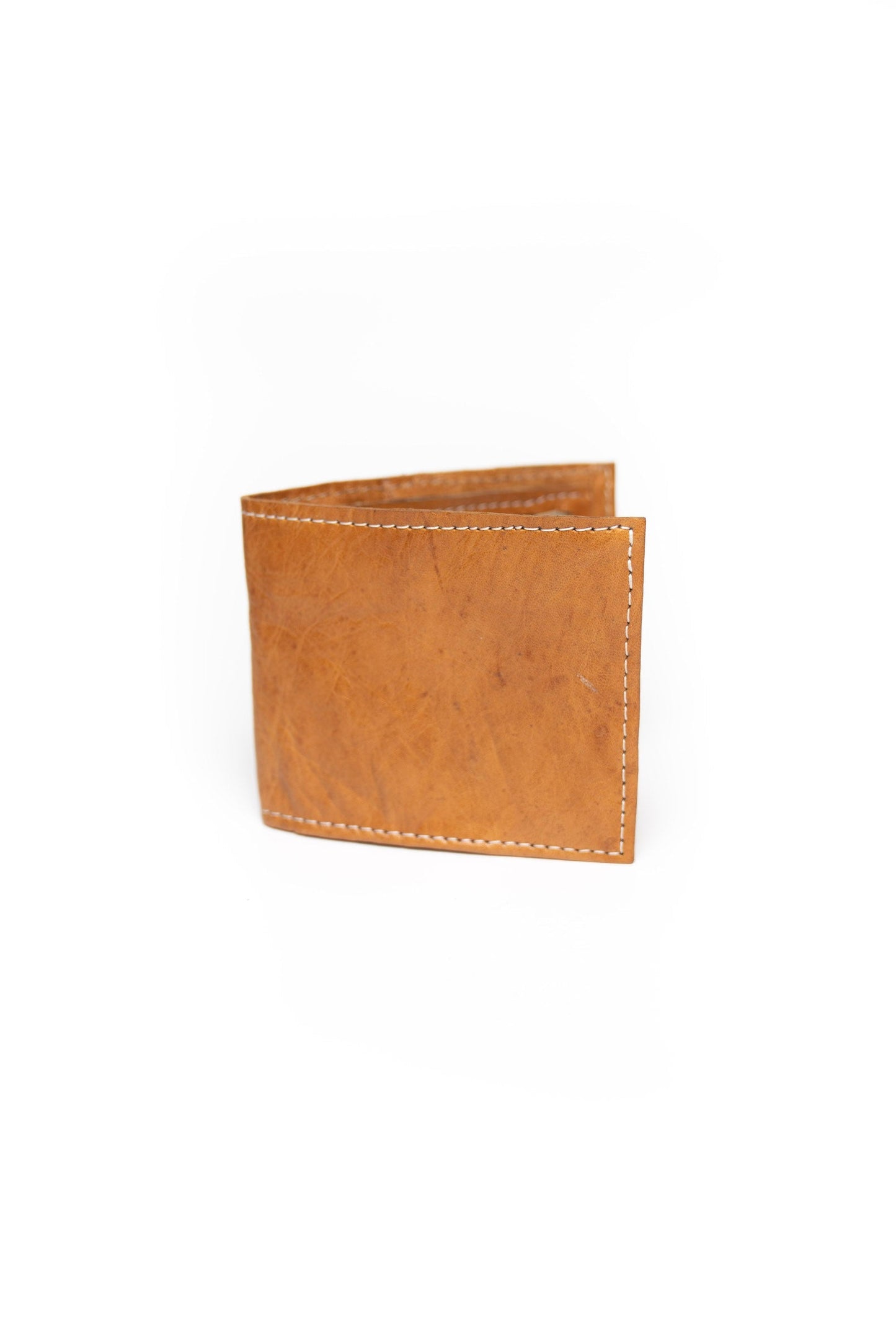 Classic men's wallet in full-grain brown leather with slim, functional design and white stitching