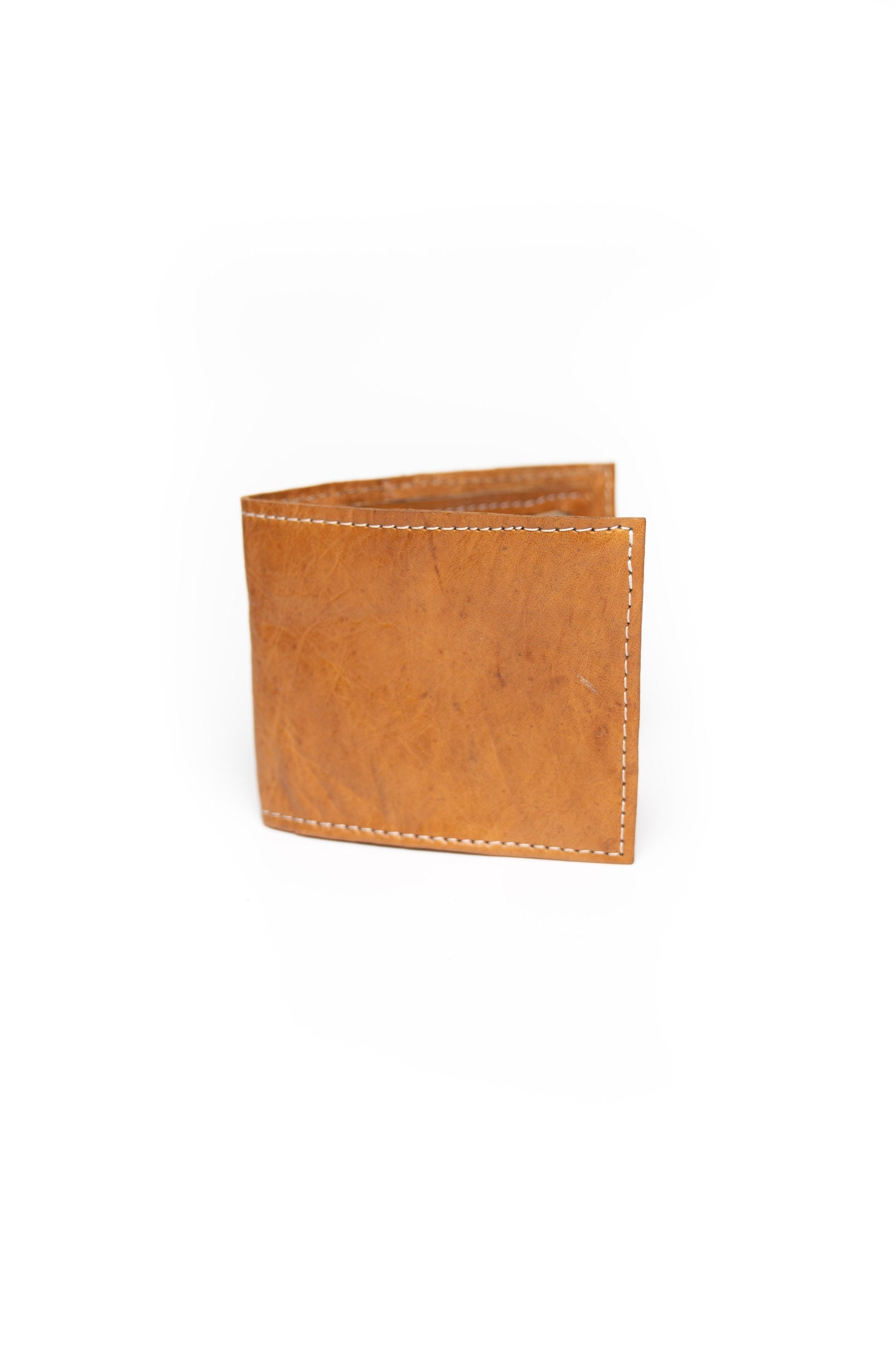 Classic men's wallet in full-grain brown leather with slim, functional design and white stitching