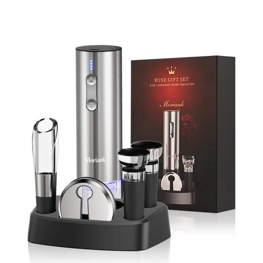 Electric wine opener set with stand, aerator, vacuum stoppers, foil cutter for home and parties