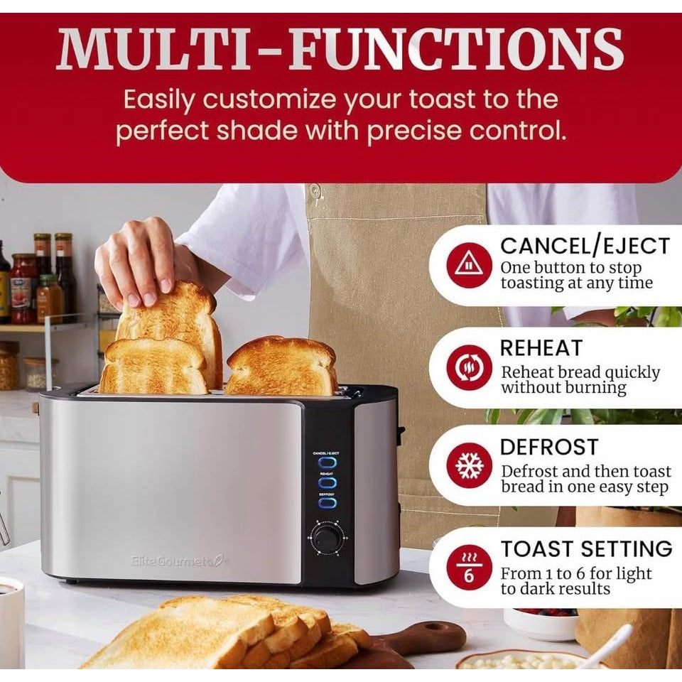 Elite Gourmet ECT-3100 4-Slice Long Slot Toaster | Extra Wide Slots for Bagels, Sourdough & Texas To