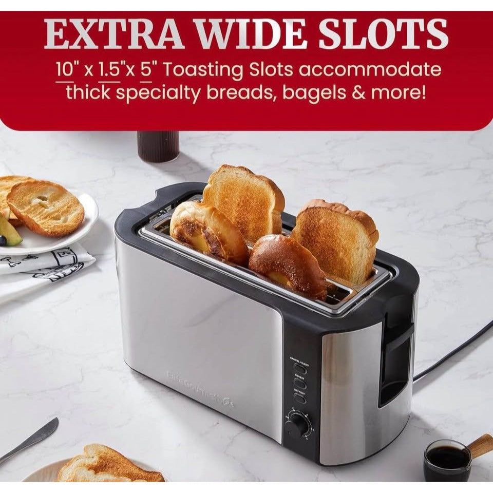 Elite Gourmet ECT-3100 4-Slice Long Slot Toaster | Extra Wide Slots for Bagels, Sourdough & Texas To
