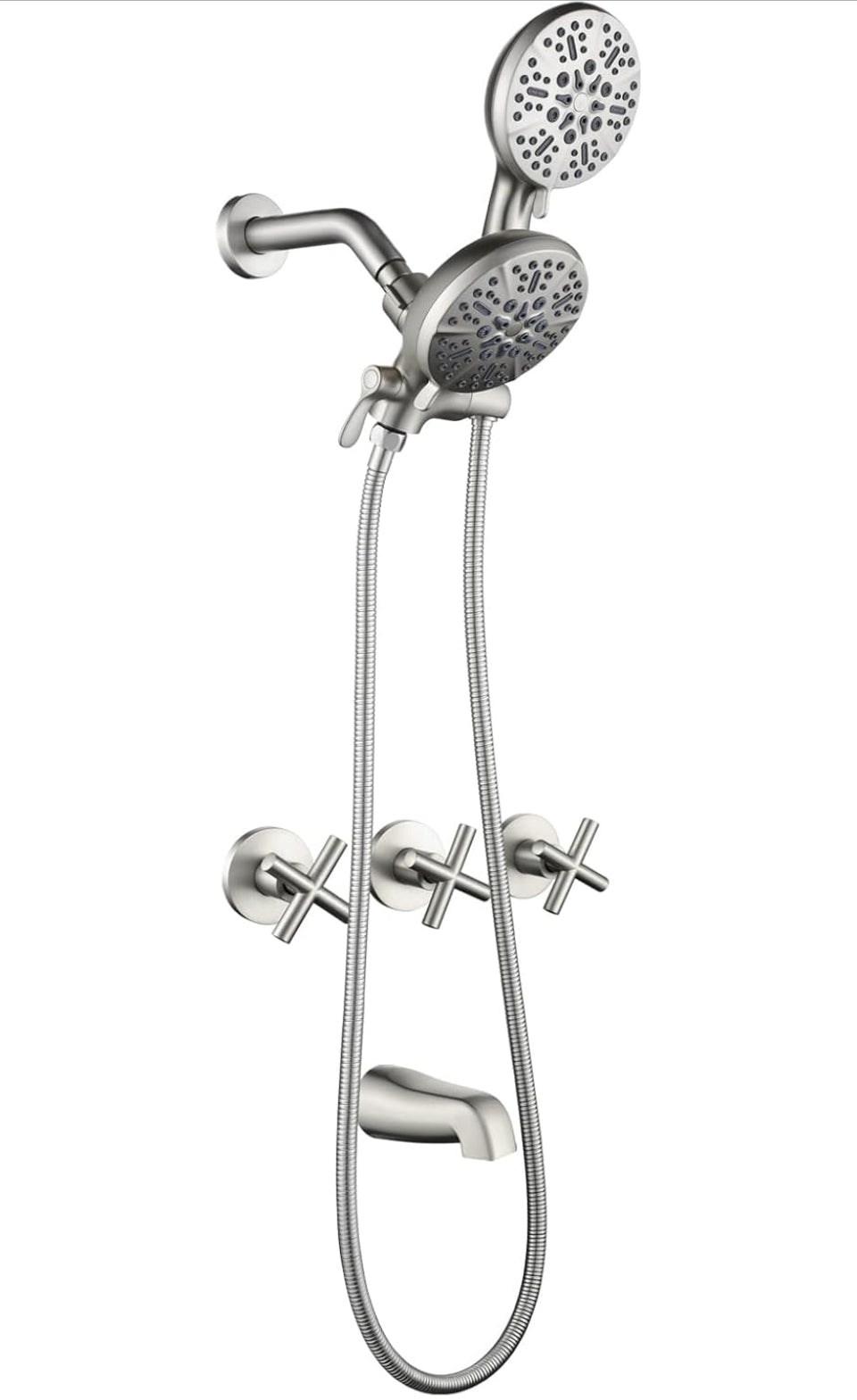 Defeini 3 Handle shower faucet set with dual shower heads and tub spout in brushed nickel finish.