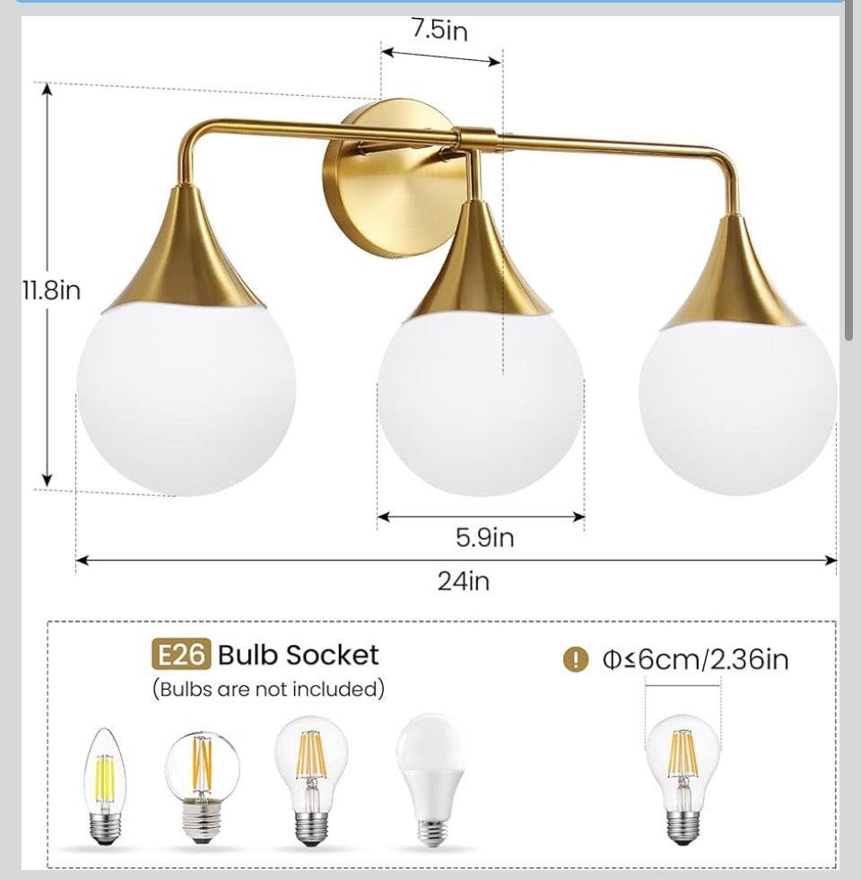 HAHZT Bathroom Vanity Light Fixtures: 3-Light Mid Century Modern Bathroom Lighting Fixtures Over Mirror - Brass Gold Wall Sconce with Milky White Globe Glass for Bath Living Room