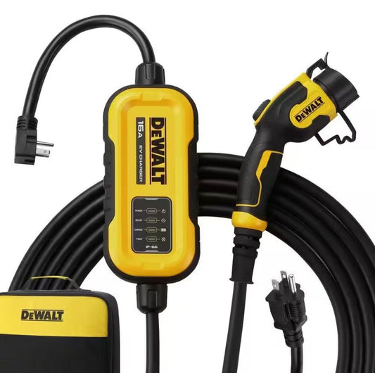 DEWALT Level-2 portable EV charger with 16 amps, 25 ft cable, NEMA plugs, and durable protective casing