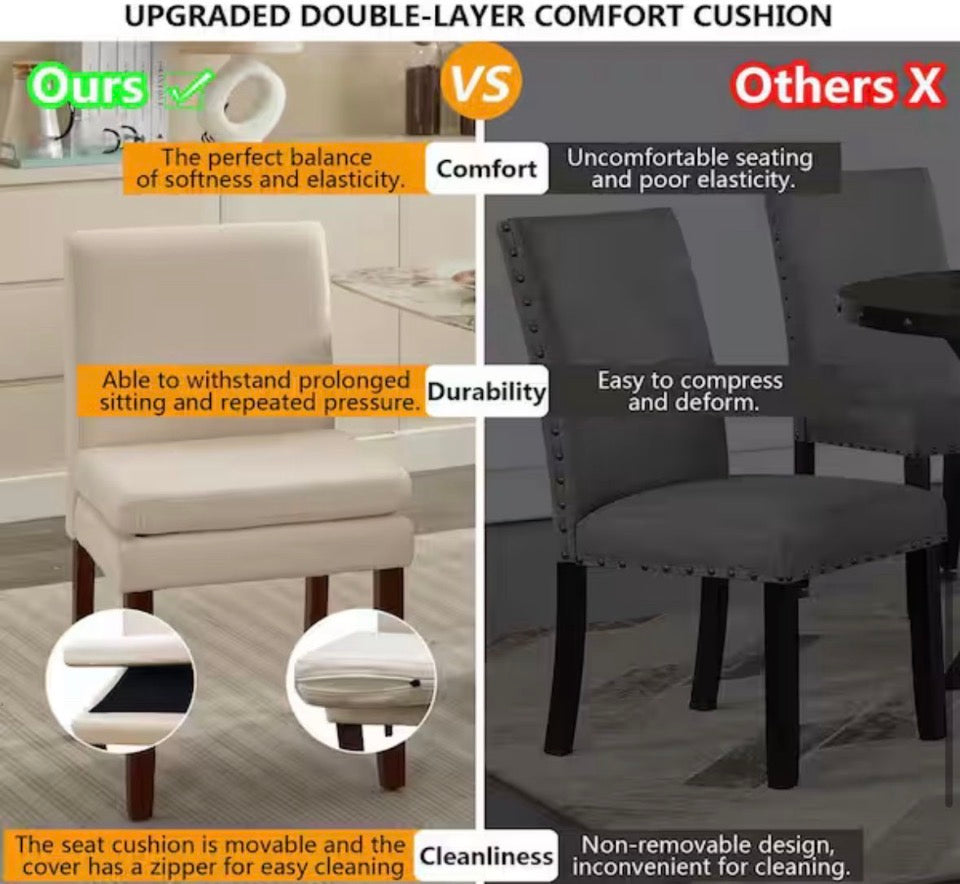 OPEN BOX WONDER COMFORT Modern White Linen Kitchen Dining Chair Set of 2 with Thick Padded Cushioned Seat and Wood Legs