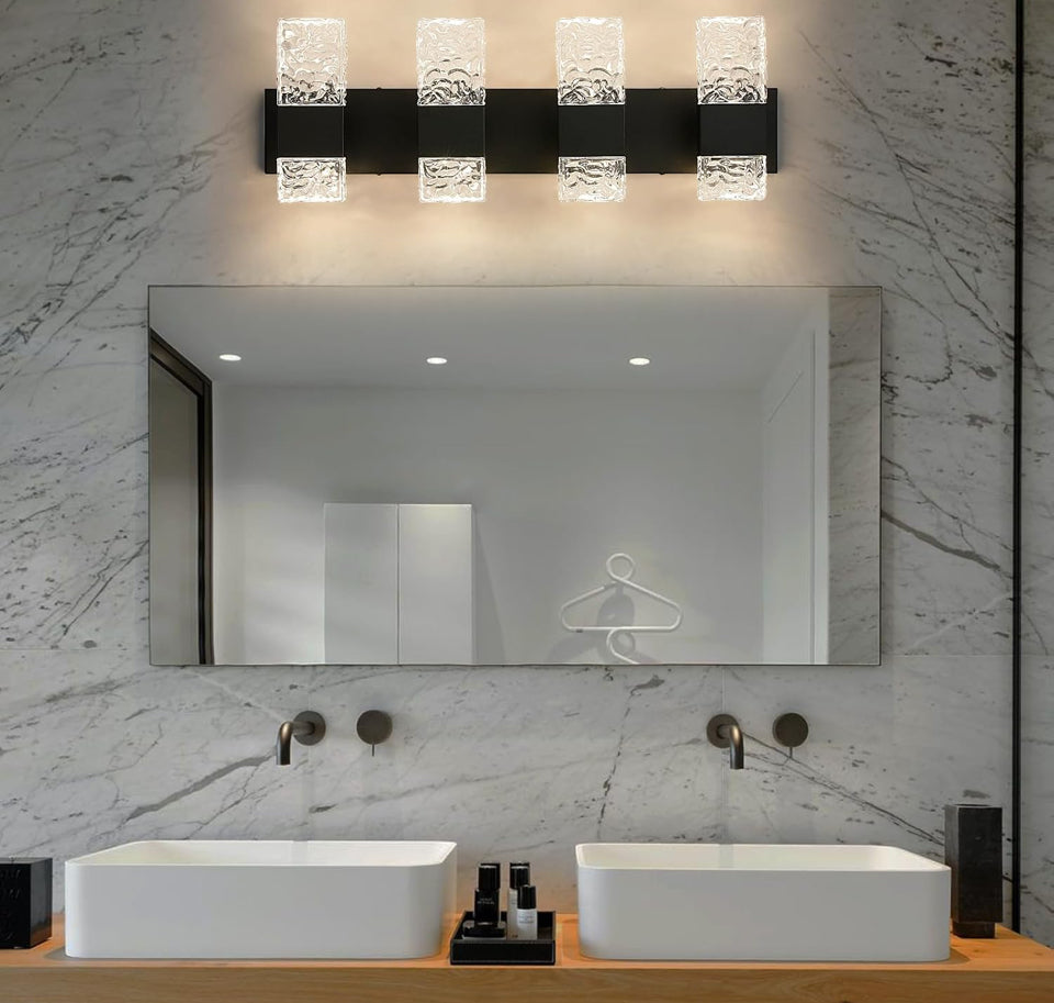 Open Box Epinl Black Bathroom Vanity Light Fixtures Bathroom Light Fixtures Over Mirror 4-Light 4000K LED Crystal Wall Sconces Modern 40W Brushed Hard