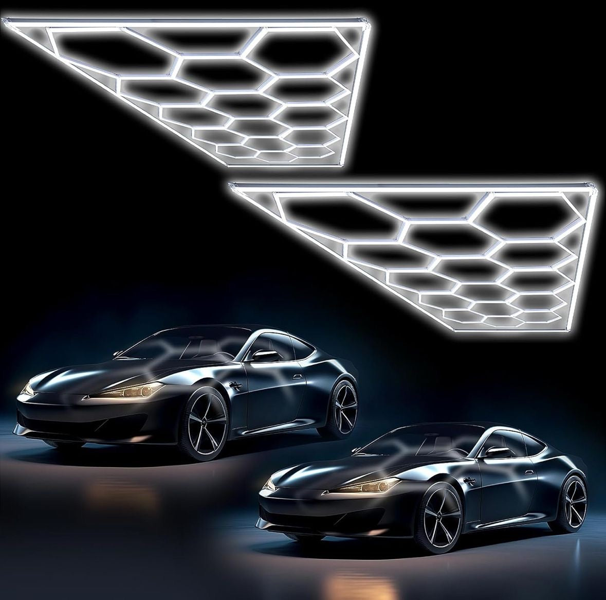 Baquler 15 Hexagon LED garage lights with hexagonal grid design illuminating two cars.
