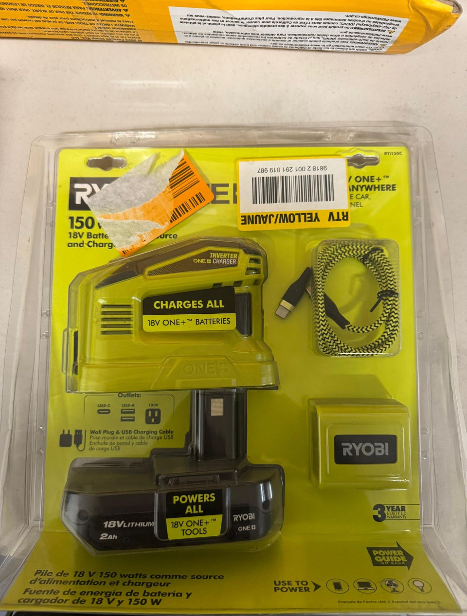 Open Box New RYOBI 18V ONE+ 150-Watt Portable Battery Inverter Power Source and Charger