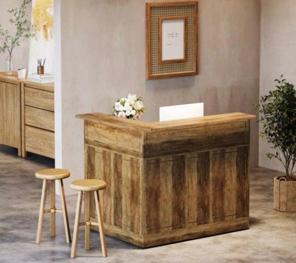 Open Box New BYBLIGHT Kearsten Brown 46.5 in. Bar Cabinet, L-Shaped Home Bar Table with Stemware Racks, 4-Tier Corner Bar Unit for Home Pub