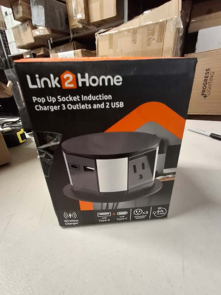 Used Link2Home 10-Watt Space Saver Pop Up-Outlet, Fast Induction Charger with Type-C USB, 3-Outlets, 2 USB Ports, Surge Protection