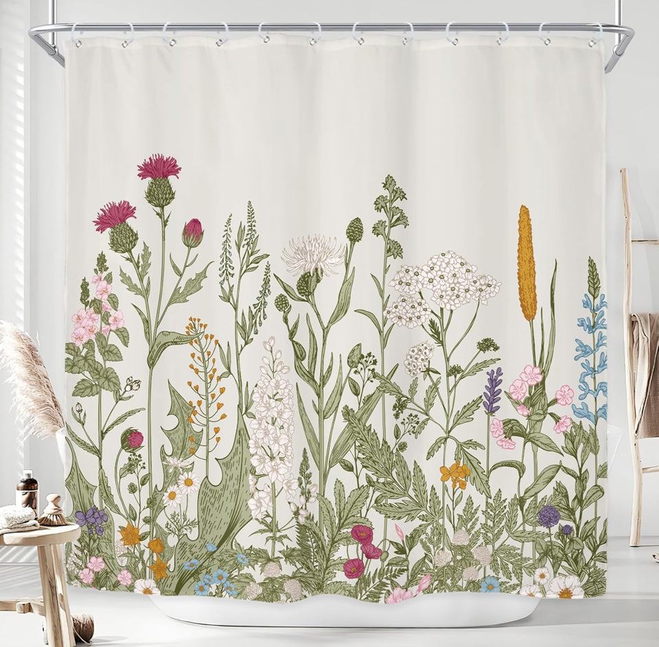 Wildflower botanical shower curtain with floral plant and herbs design in sage green leaves, 72x72 inch polyester waterproof fabric with 12 hooks