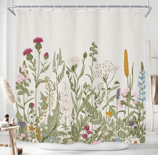 Wildflower botanical shower curtain with floral plant and herbs design in sage green leaves, 72x72 inch polyester waterproof fabric with 12 hooks
