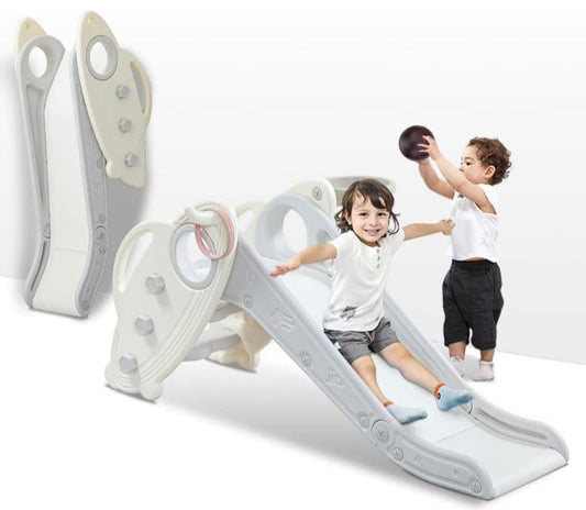 Onasti Kids Slide grey freestanding toddler slide with basketball hoop and ring toss game playing indoors with toddlers