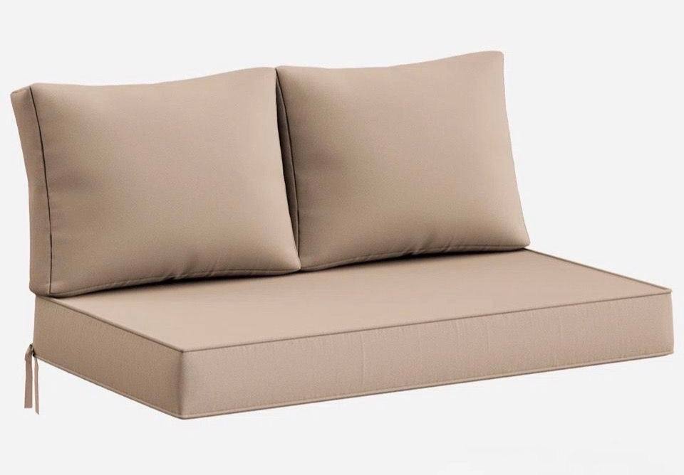 Ebern Designs Wynee Outdoor 5" loveseat cushions set with water-repellent fabric and high-resilience foam for patio bench and swing