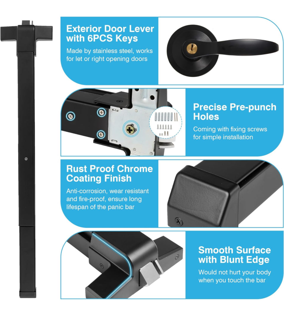 IRONWALLS Door Push Bar Panic Exit Device Aluminum with Handle Lever, Black 32" Commercial Push Panic Bars for Emergency Exit Doors, Heavy Duty Panic - Selzalot