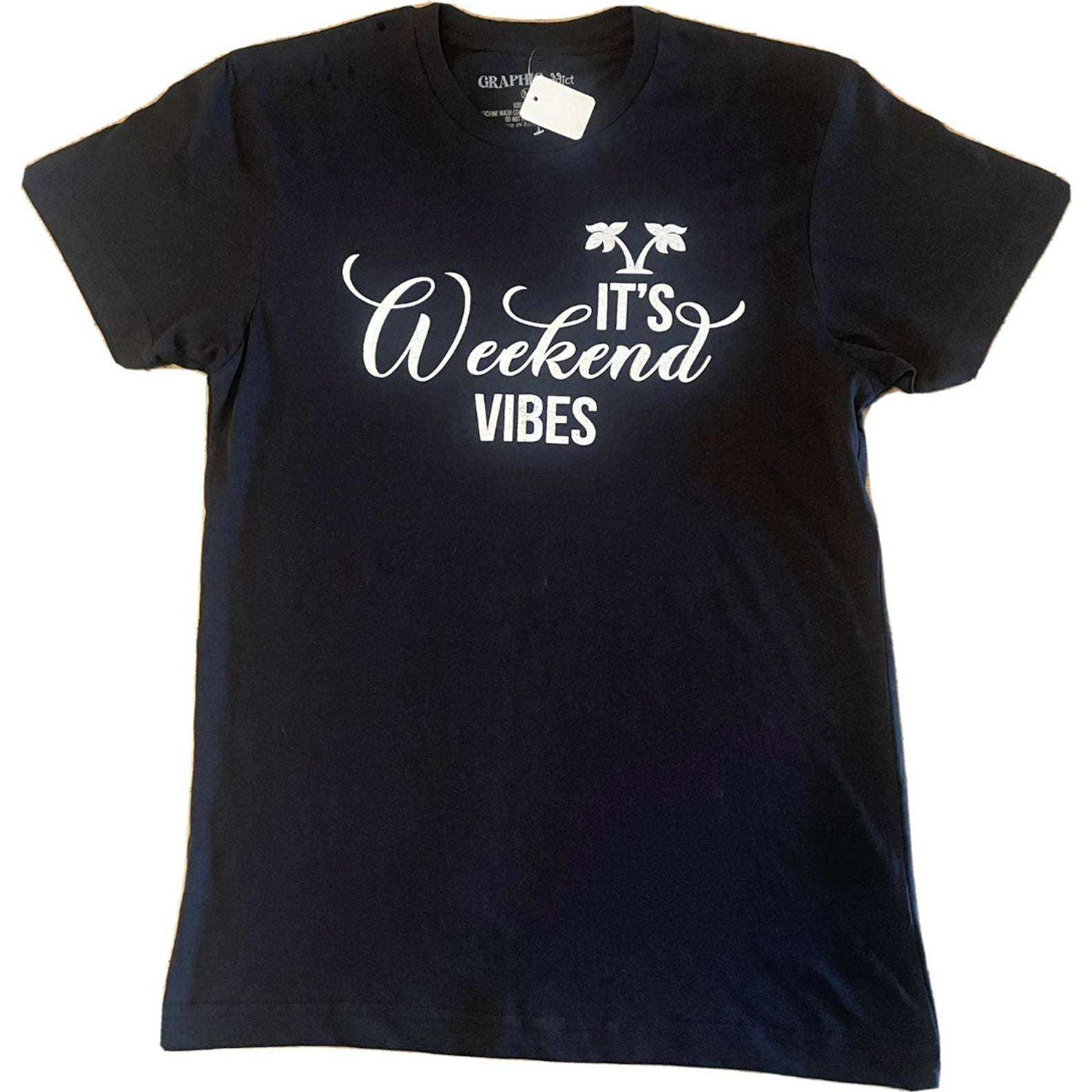 Black Weekend Vibes T-shirt with palm tree print.