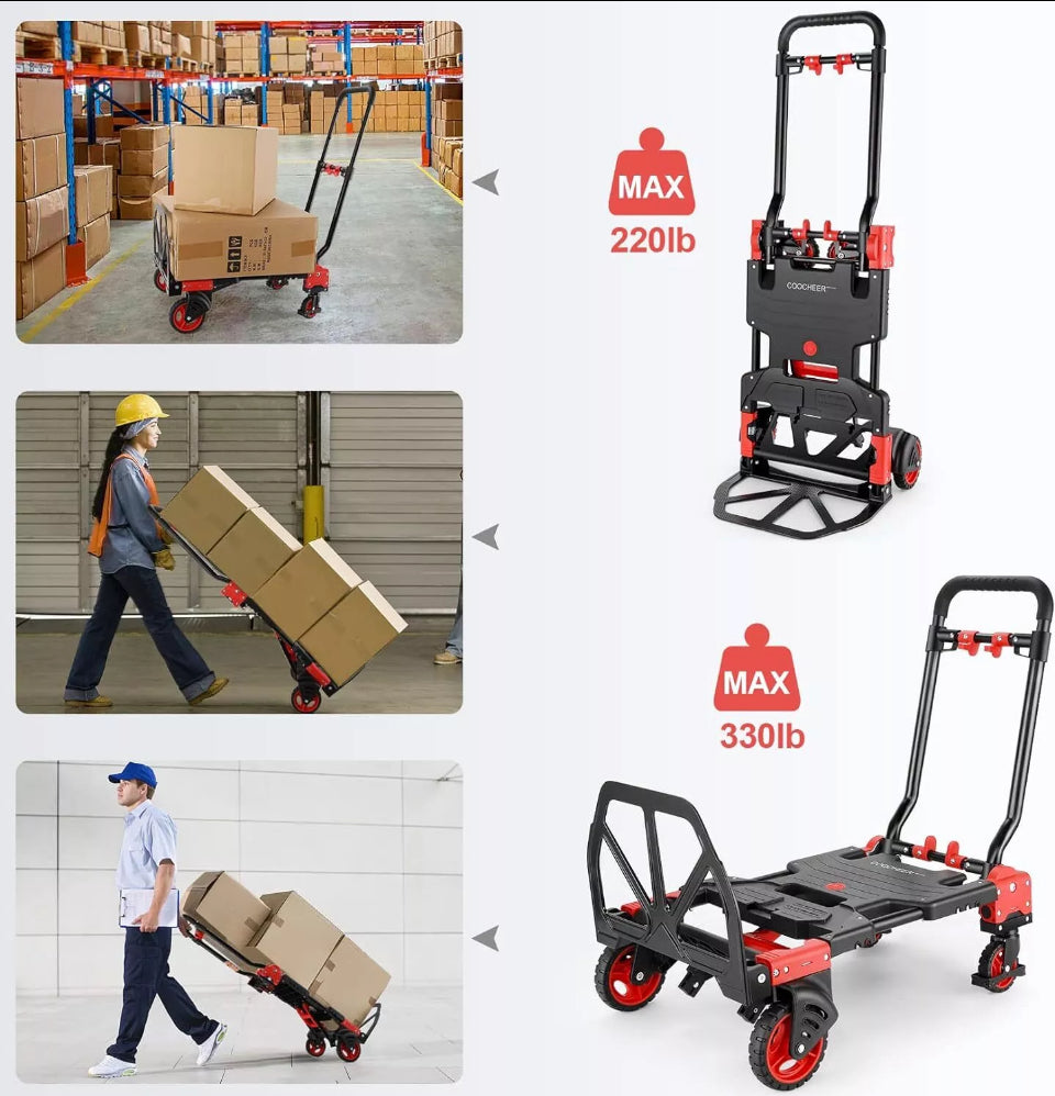 Open Box COOCHEER 330LB Folding Hand Truck Heavy Duty Carrying, 2-in-1Hand Truck Dolly Foldable with Folding Basket, Combination of 4 Wheels and 2 Wheels Convertible Dolly Cart with Retractable Handle Dolly for Moving