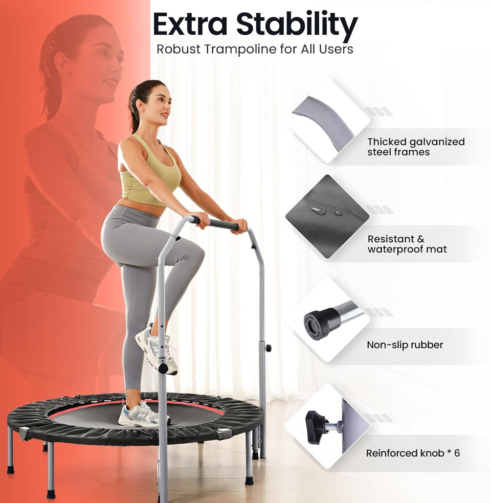 Open Box BCAN 40/48" Foldable Mini Trampoline Max Load 330lbs/440lbs, Fitness Rebounder with Adjustable Foam Handle, Exercise Trampoline for Adults In